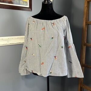 Gypsies & Moondust Womens L Floral Embroidered Striped Off the Shoulder Top